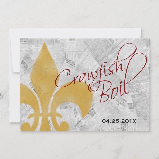 Faded Fleur de Lis Newspaper Crawfish Boil Invite (Front)