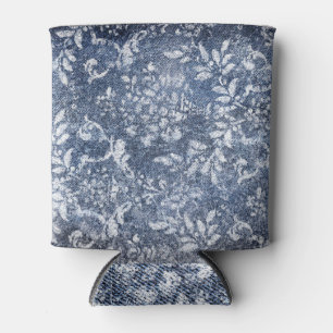 Faded Floral Denim: Grungy Textured Background Can Cooler