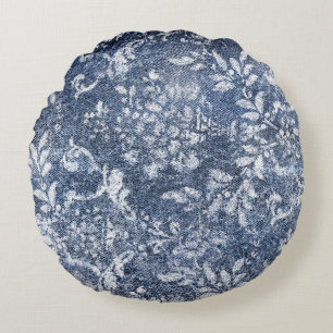 Faded Floral Denim: Grungy Textured Background Round Cushion
