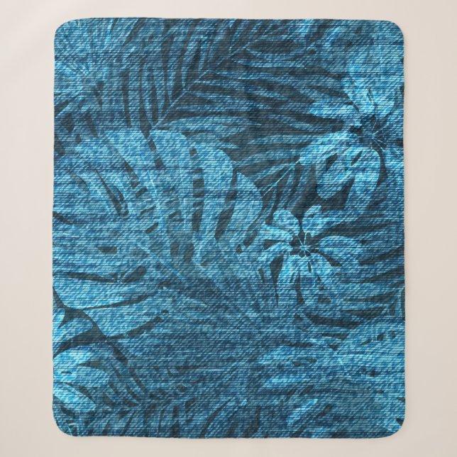 Faded jeans with tropical leaves pattern sherpa blanket (Front)