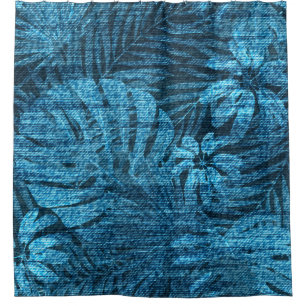 Faded jeans with tropical leaves pattern shower curtain