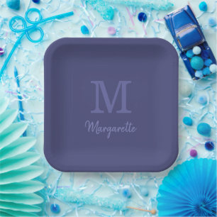 Faded Navy Blue  Name and Initial Monogram     Paper Plate