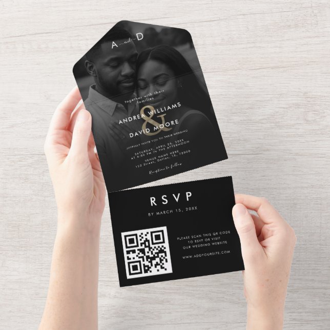 Faded Overlay Photo Gold Ampersand QR Code Wedding All In One Invitation (Tearaway)