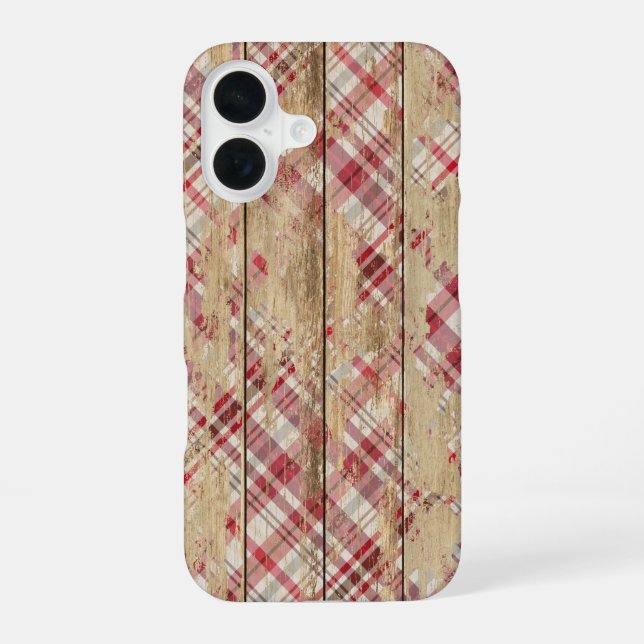 Faded Plaid Pattern On Wood iPhone 16 Case (Back)