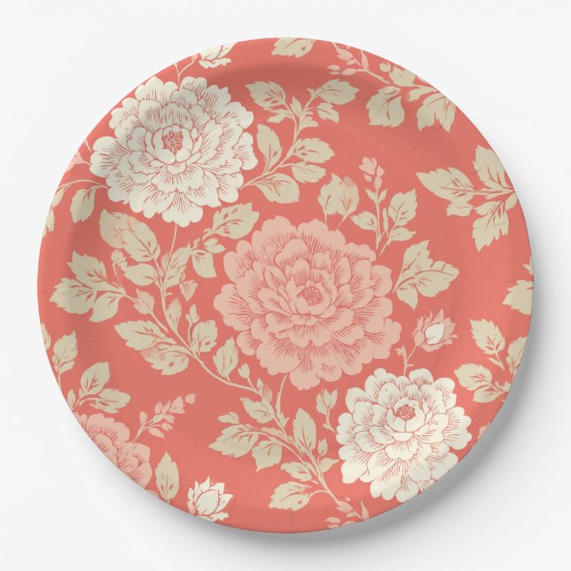 Faded Red Block Print Floral Paper Plate (Front)