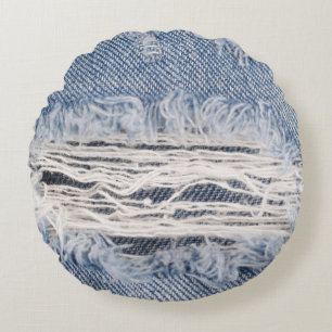 Faded Ripped Jeans Texture Round Cushion