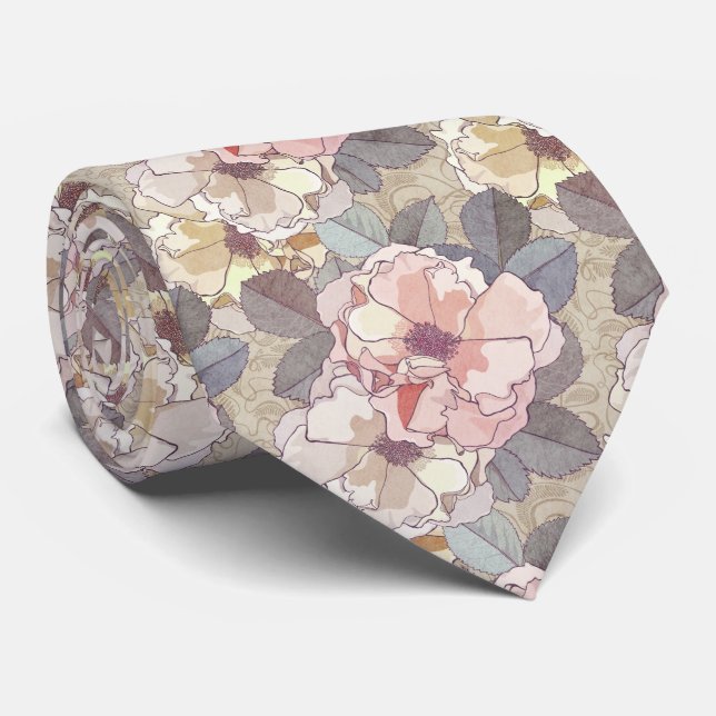 Faded Summer Rose Blooms Tie (Rolled)
