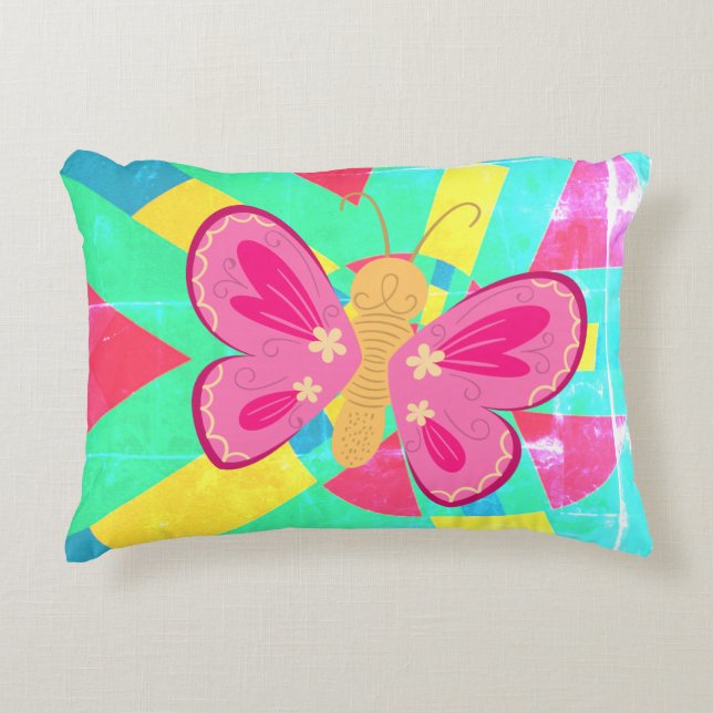 Faded Teal pattern with pink butterfly Decorative Cushion (Front)