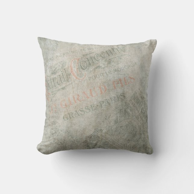 Faded Vintage Paper Parisian Advertisement Collage Cushion (Front)