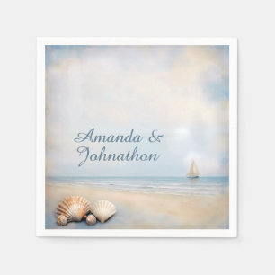 Faded Vintage Seashell Beach Scene Blue Beige Napkin