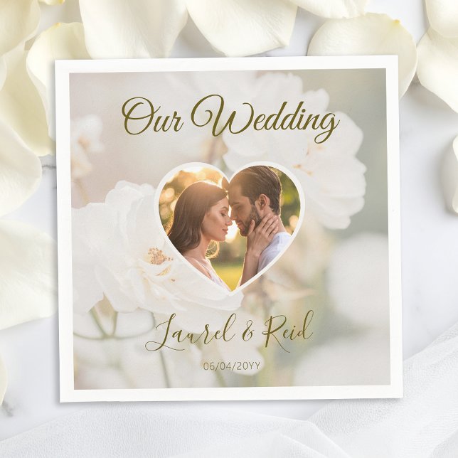 Faded White Rose Flowers With Custom Wedding Photo Napkin (Creator Uploaded)