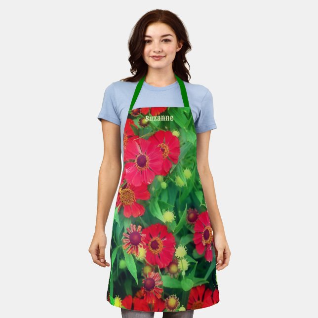 Faded Zinnia Flowers Nature Personalised Apron (Worn)