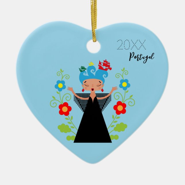 Fado woman singer with Portuguese caravel ships   Ceramic Tree Decoration (Front)