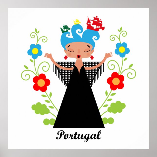 Fado woman singer with Portuguese caravel ships Poster (Front)