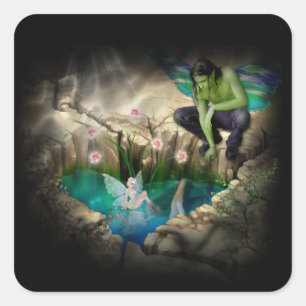 Faerie in Elven Pond Vignette Square Sticker