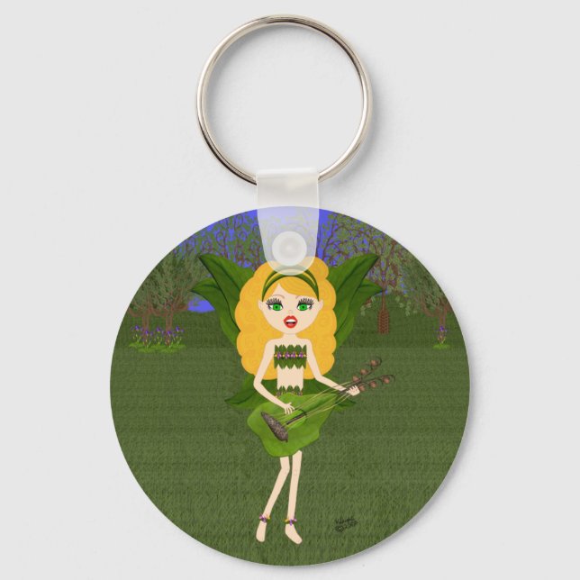 Faerie with Green Leaf  Wings and Guitar Key Ring (Front)