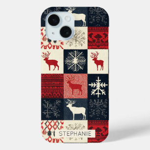 Fair Isle Knitted Patchwork Holiday Reindeer iPhone 15 Case