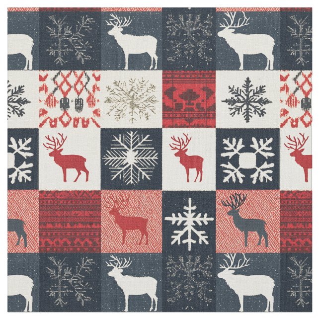 Fair Isle Knitted Patchwork | Holiday Reindeer Fabric (Close Up)