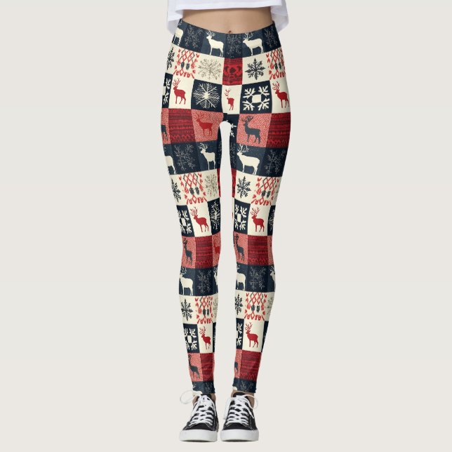 Fair Isle Knitted Patchwork | Holiday Reindeer Leggings (Front)