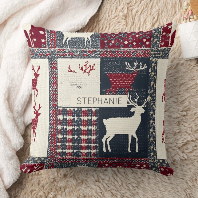 Fair Isle Knitted Patchwork | Rustic Reindeer (2) Cushion (Blanket)