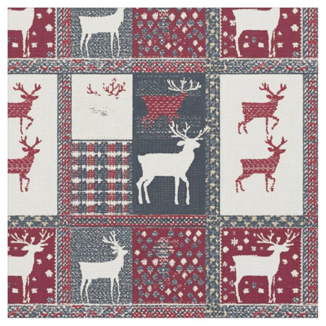 Fair Isle Knitted Patchwork | Rustic Reindeer (2) Fabric (Close Up)