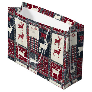 Fair Isle Knitted Patchwork Rustic Reindeer (2) Large Gift Bag