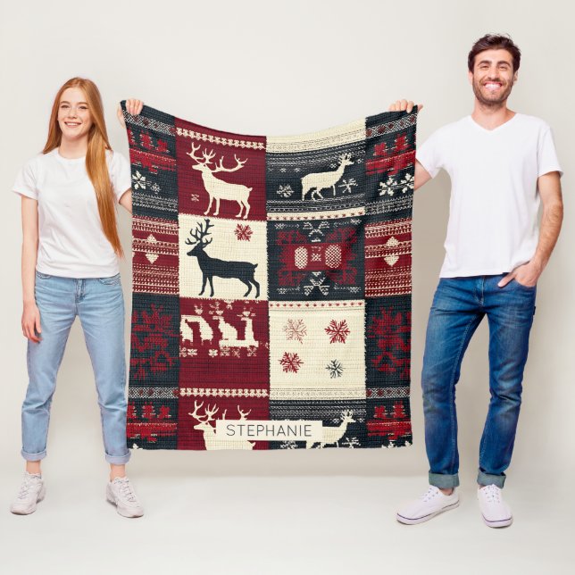 Fair Isle Knitted Patchwork | Rustic Reindeer Fleece Blanket (In Situ)