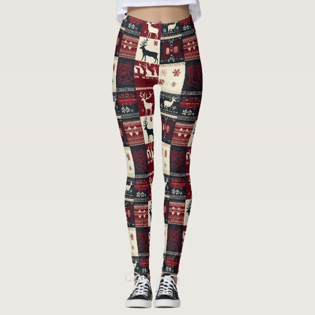 Fair Isle Knitted Patchwork | Rustic Reindeer Leggings (Front)