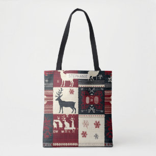Fair Isle Knitted Patchwork Rustic Reindeer Tote Bag