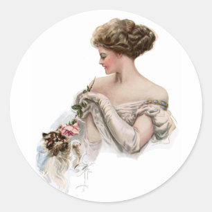 Fair Maiden Teases a Kitten Classic Round Sticker