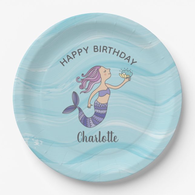 Fair Skin Purple Mermaid Birthday Paper Plate (Front)