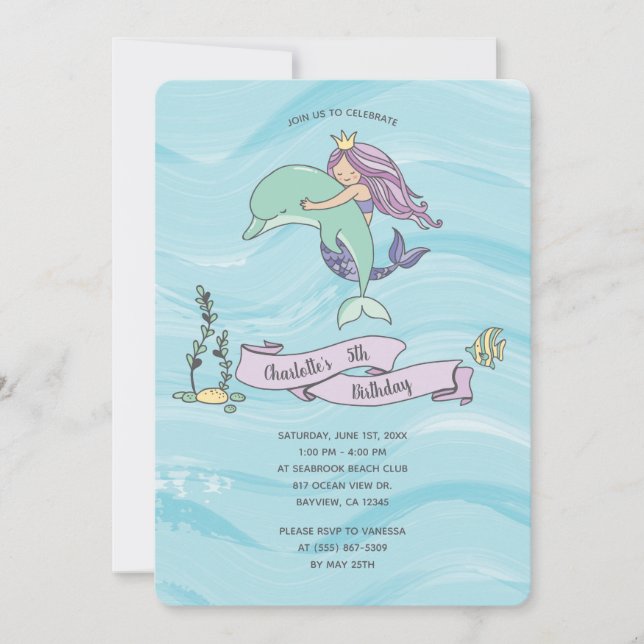 Fair Skin Purple Mermaid with Dolphin Birthday Invitation (Front)