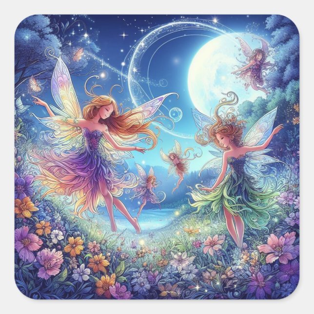 Fairies dancing in a moonlit meadow. square sticker (Front)