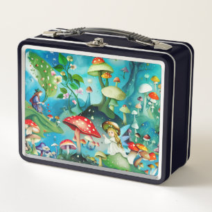 Fairies in Forest of Oversized Colorful Mushrooms Metal Lunch Box
