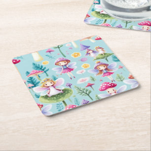 Fairies ,leaves and mushrooms land  square paper coaster