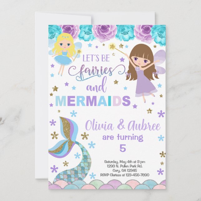 Fairies & mermaids girls siblings invitation. invitation (Front)
