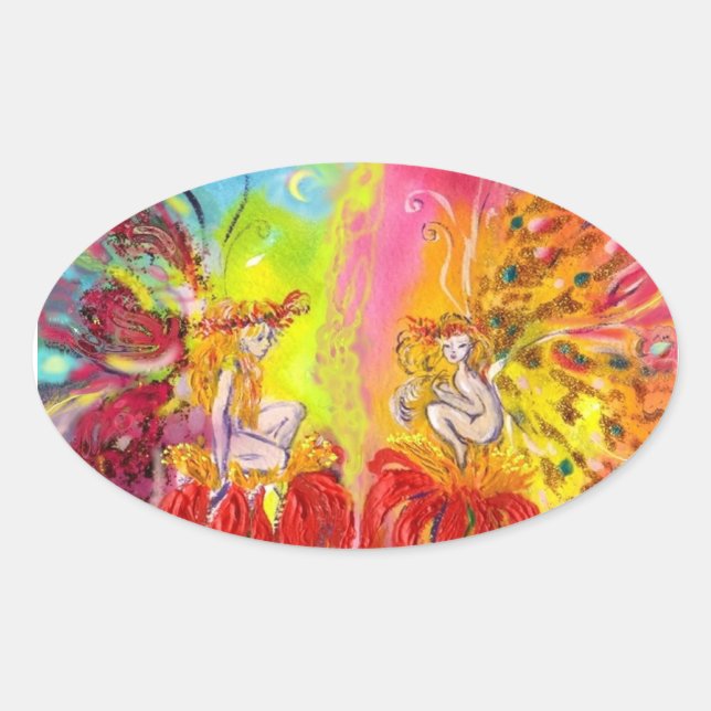 FAIRIES OF DAWN, Colourful Fantasy Oval Sticker (Front)