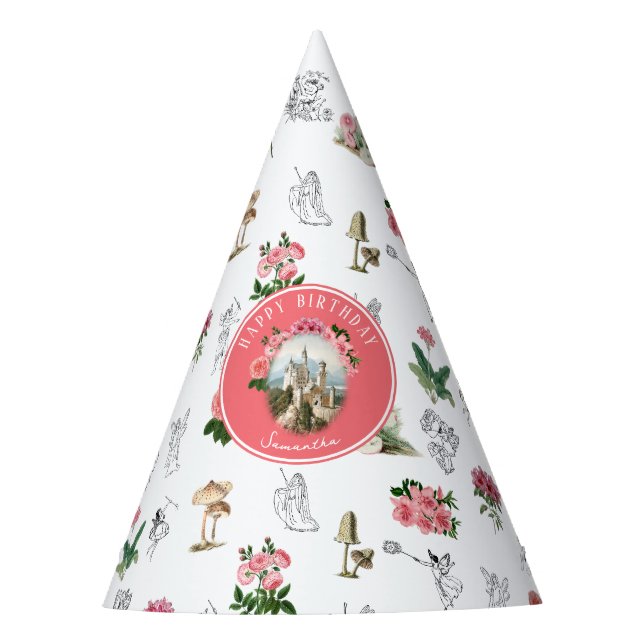 Fairies Pink Floral Mushroom Fairy Castle Birthday Party Hat (Front)