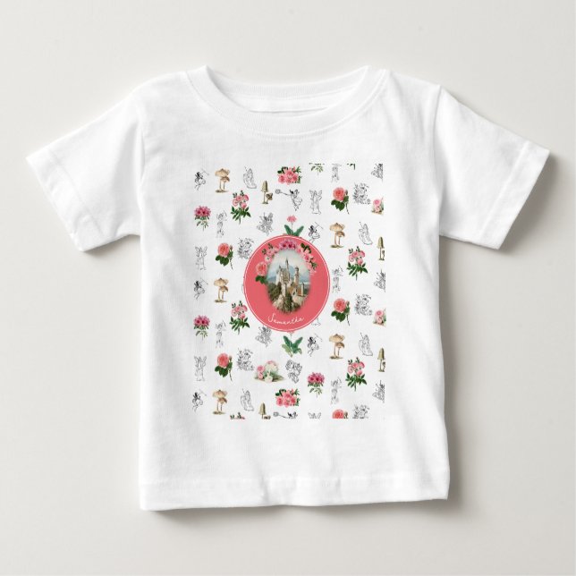 Fairies Pink Floral Mushroom Fairy Castle Monogram Baby T-Shirt (Front)