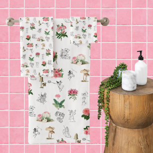 Fairies Pink Floral & Mushroom Fairy Pattern Bath Towel Set