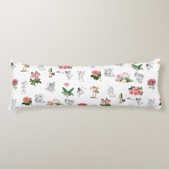 Fairies Pink Floral & Mushroom Fairy Pattern Body Cushion (Front)