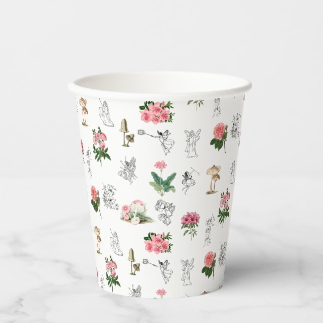 Fairies Pink Floral & Mushroom Fairy Pattern Paper Cups (Front)