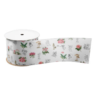 Fairies Pink Floral & Mushroom Fairy Pattern Satin Ribbon