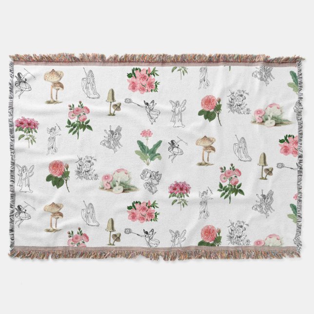 Fairies Pink Floral & Mushroom Fairy Pattern Throw Blanket (Front)