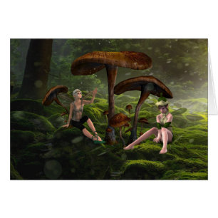 Fairies under Mushrooms in Forest, Fantasy Card