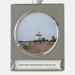 Fairport Harbour West Breakwater Lighthouse Silver Plated Banner Ornament