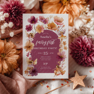 Fairy 1st Birthday Fairy Fall Burgundy Orange Invitation