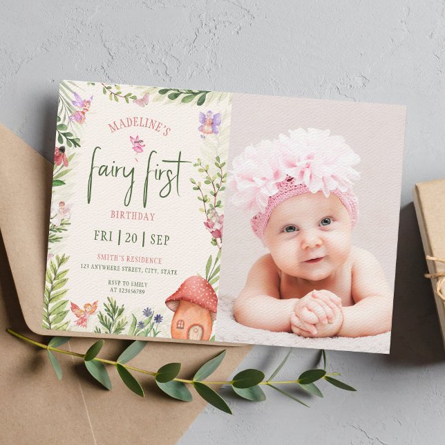 Fairy 1st Birthday Forest Mushroom Greenery Photo Invitation (Creator Uploaded)