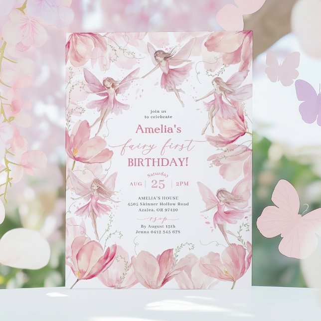 Fairy 1st Birthday Girls Fairy Party Pink  Invitation (Pink Fairy First Birthday Invitation)