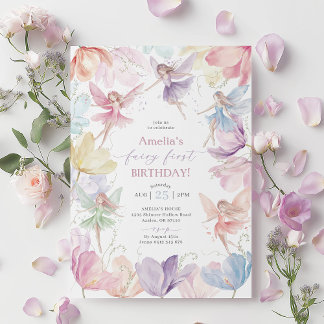 Fairy 1st Birthday Rainbow Fairy Girls Invitation